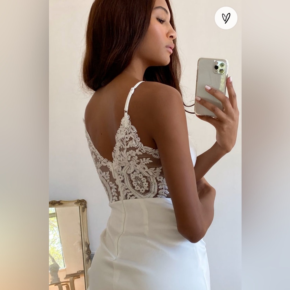 Stunning Sight White Embroidered Lace Satin Midi Dress - Picture 4 of 7